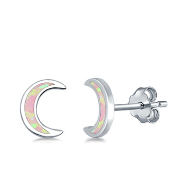 Moon Stud Earrings Lab Created Pink Opal 925 Sterling Silver